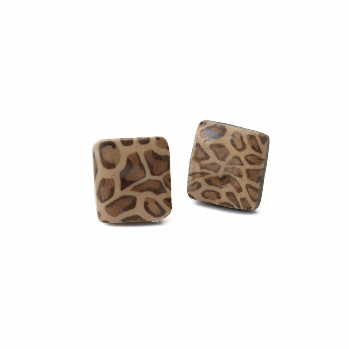 leopard print square stud earrings on a white background, handmade at Lottie Of London