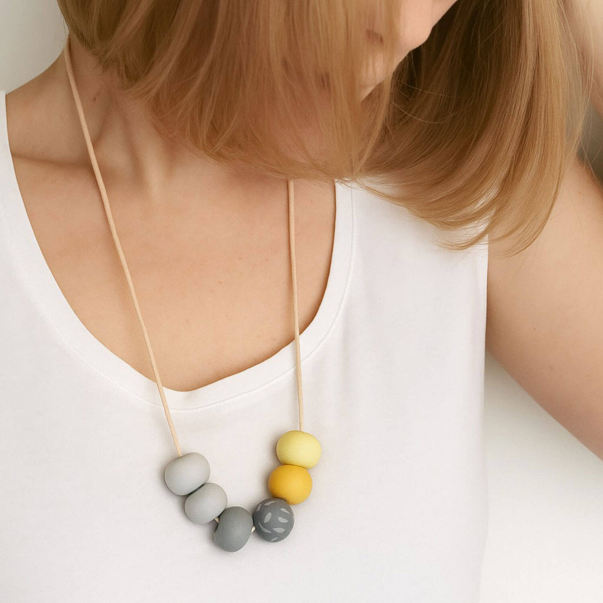 Yellow & Grey Clay Bead Necklace – Adjustable Modern Jewellery