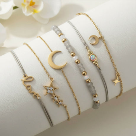 Moon and stars stacking bracelets at Lottie Of London