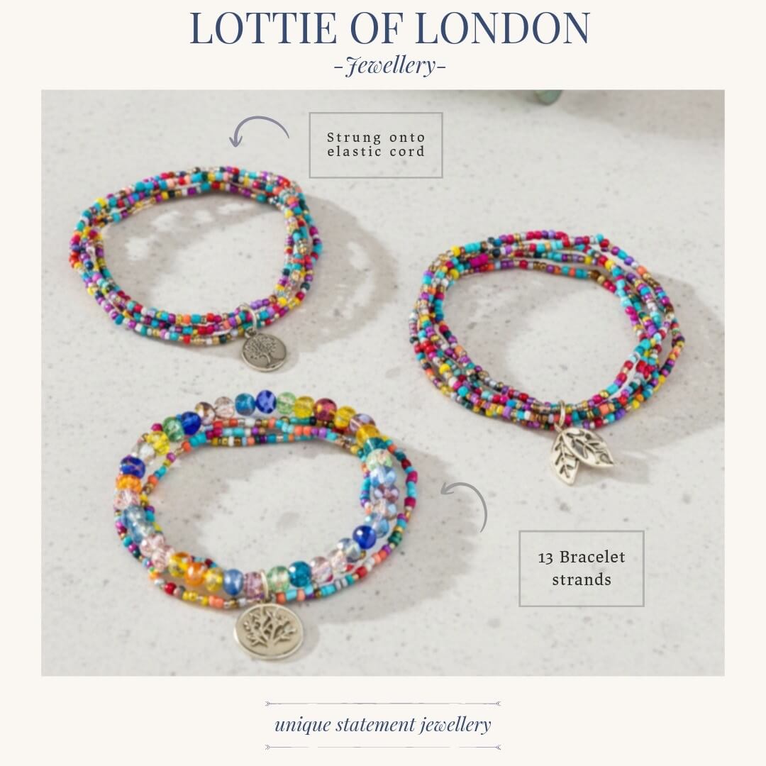 Multi-Colour Beaded Bracelet Stack with Gold Charms – Layered Bracelet Set - infographics -  Lottie Of London Jewellery
