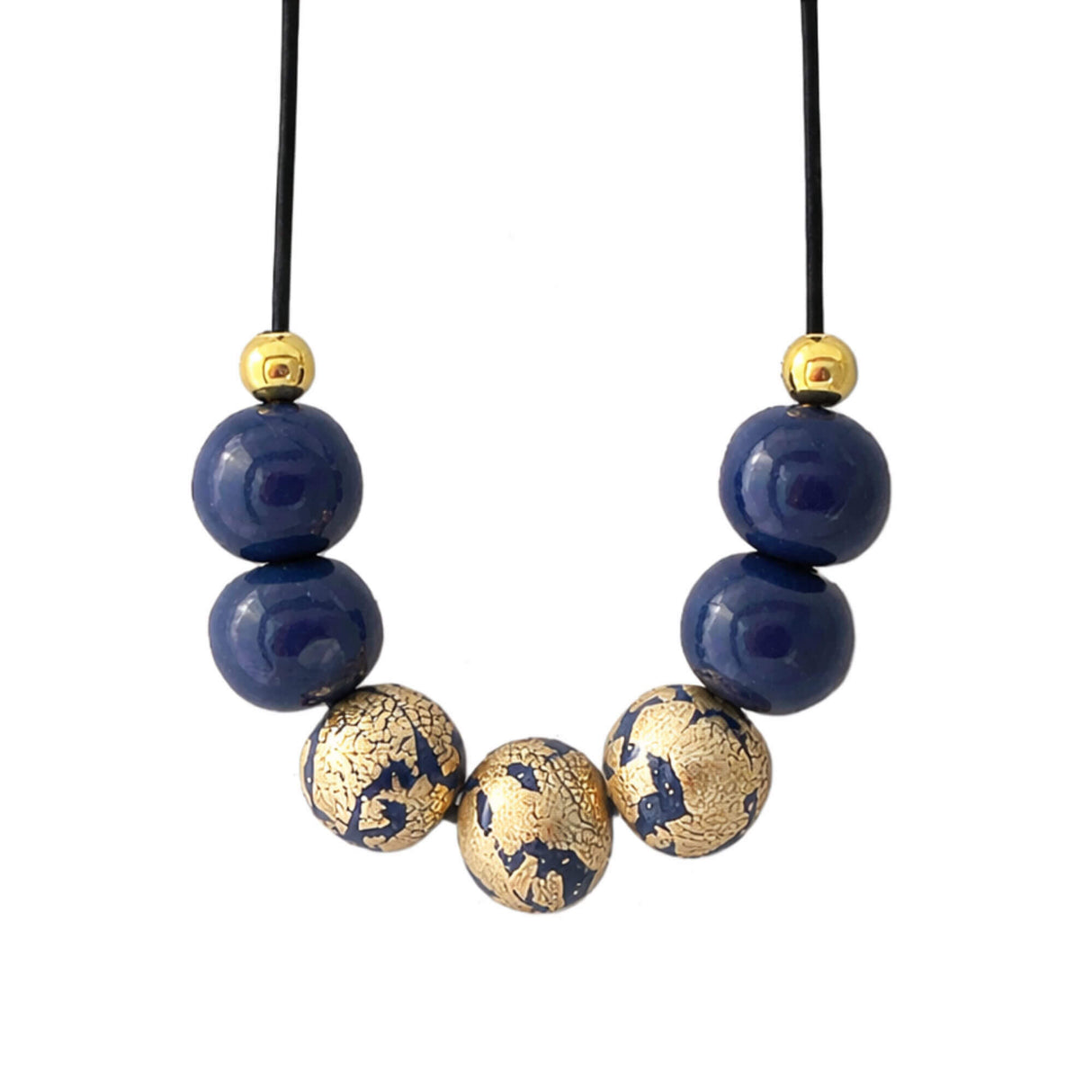 navy gold bead necklace close up handmade at lottie of london