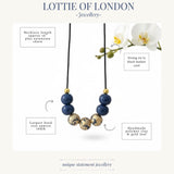 navy gold bead necklace infographics handmade at lottie of london