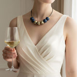 navy gold bead necklace model shot handmade at lottie of london