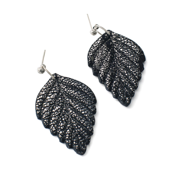 Navy and silver leaf dangle earrings at lottie of london uk