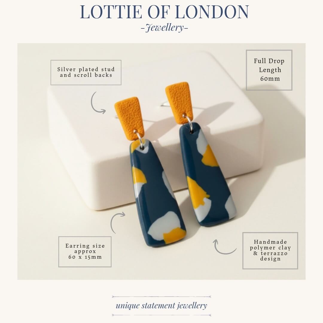 navy terrazzo long drop earrings infographics  handmade at Lottie of London
