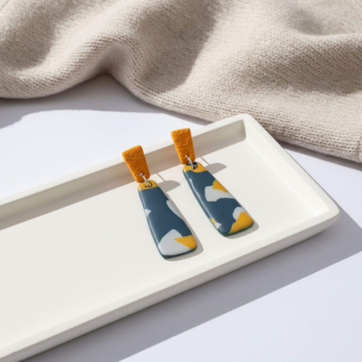 navy terrazzo long drop earrings lifestyle handmade at Lottie of London