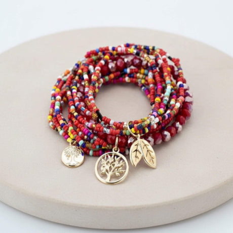 Red beaded boho bracelet stack at Lottie of London
