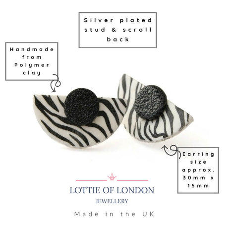Statement Stud Earrings in Zebra Print | Unique Art Deco Style