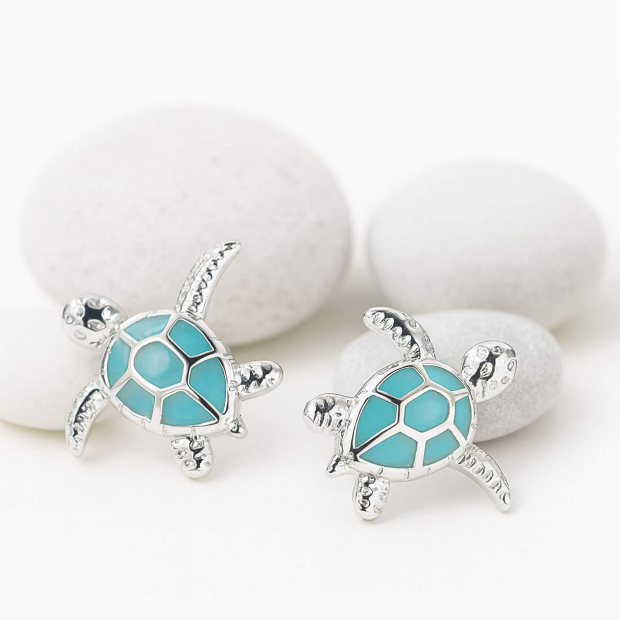 Turquoise Blue Turtle stud earrings on stone pebbles - Lottie of London jewellery