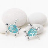 Turquoise Blue Turtle stud earrings on stone pebbles - Lottie of London jewellery