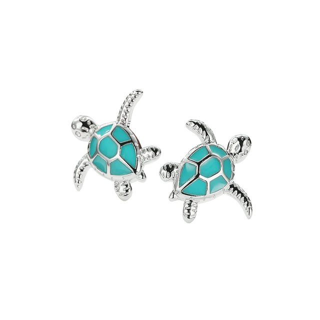 Blue Turtle stud earrings on white background - Lottie of London jewellery