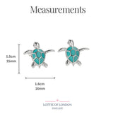 turquoise Blue small Turtle stud earrings infographics - Lottie of London jewellery