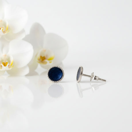 Navy Blue Enamel Stud Earrings in Sterling Silver - styled image, Lottie Of London Jewellery