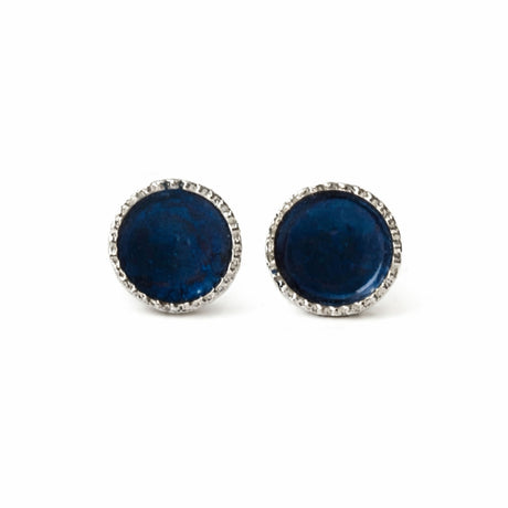 Navy Blue Enamel Stud Earrings in Sterling Silver on white background - Lottie Of London Jewellery