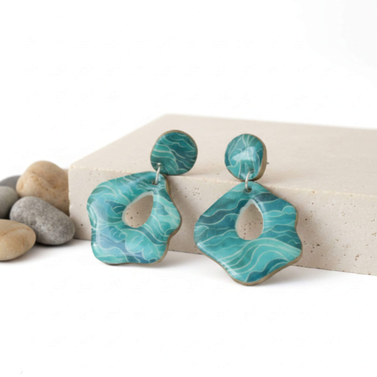 Turquoise Print Statement Drop Earrings - Wave Print | Limited Edition