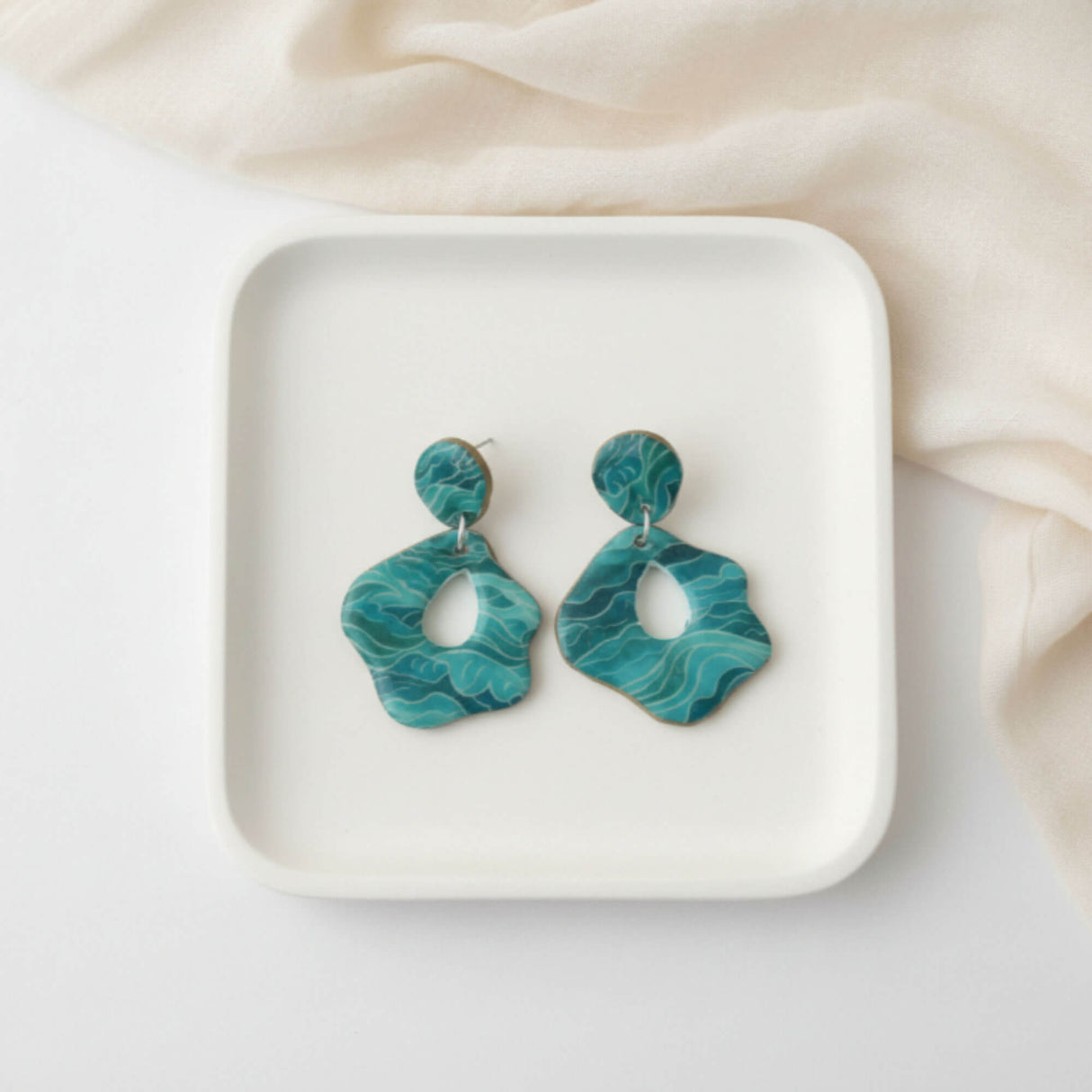 Turquoise Print Statement Drop Earrings - Wave Print | Limited Edition
