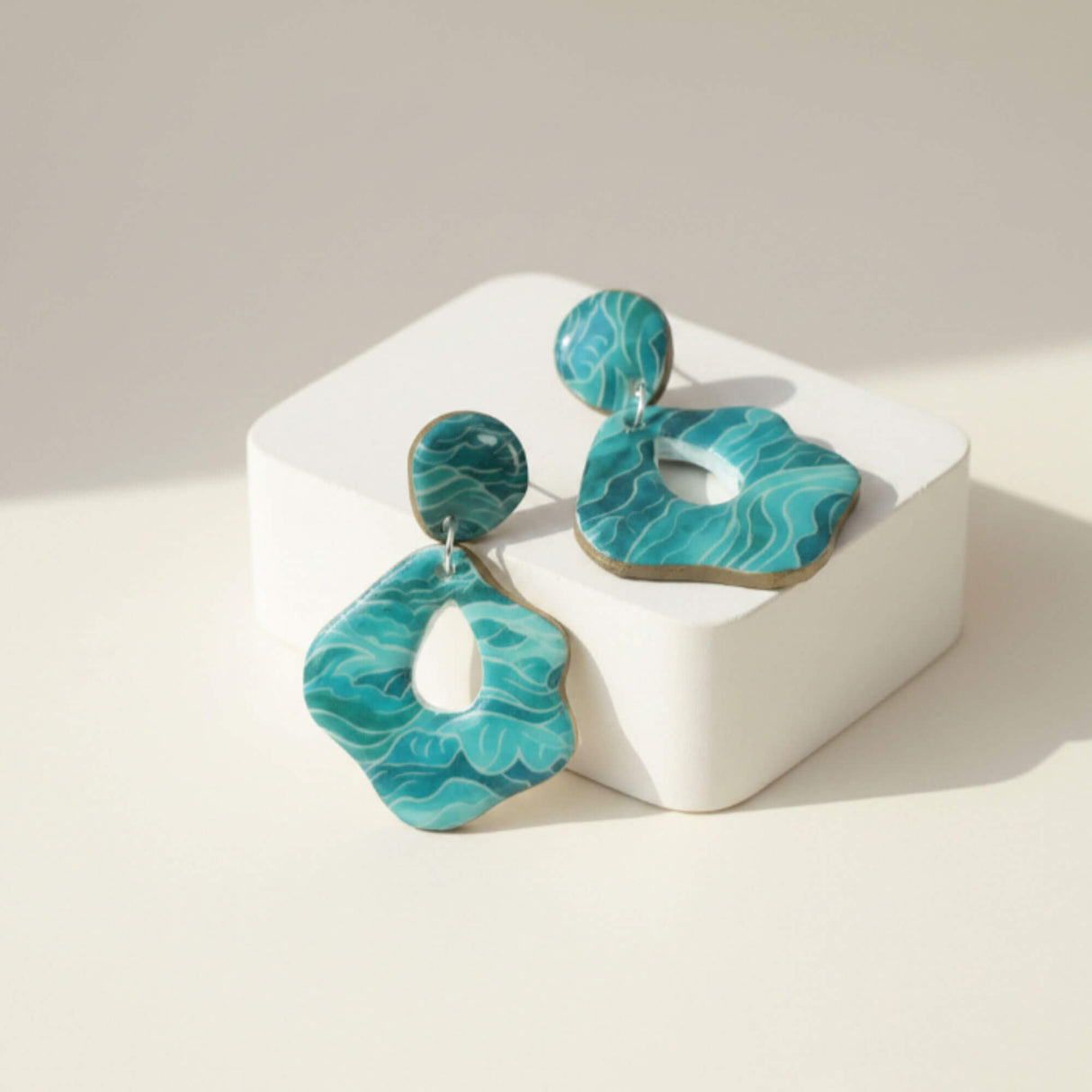 Turquoise Print Statement Drop Earrings - Wave Print | Limited Edition