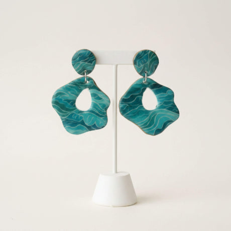 Turquoise Print Statement Drop Earrings - Wave Print | Limited Edition