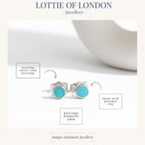 turquoise blue sterling silver small stud earrings handmade sizes  at lottie of london 