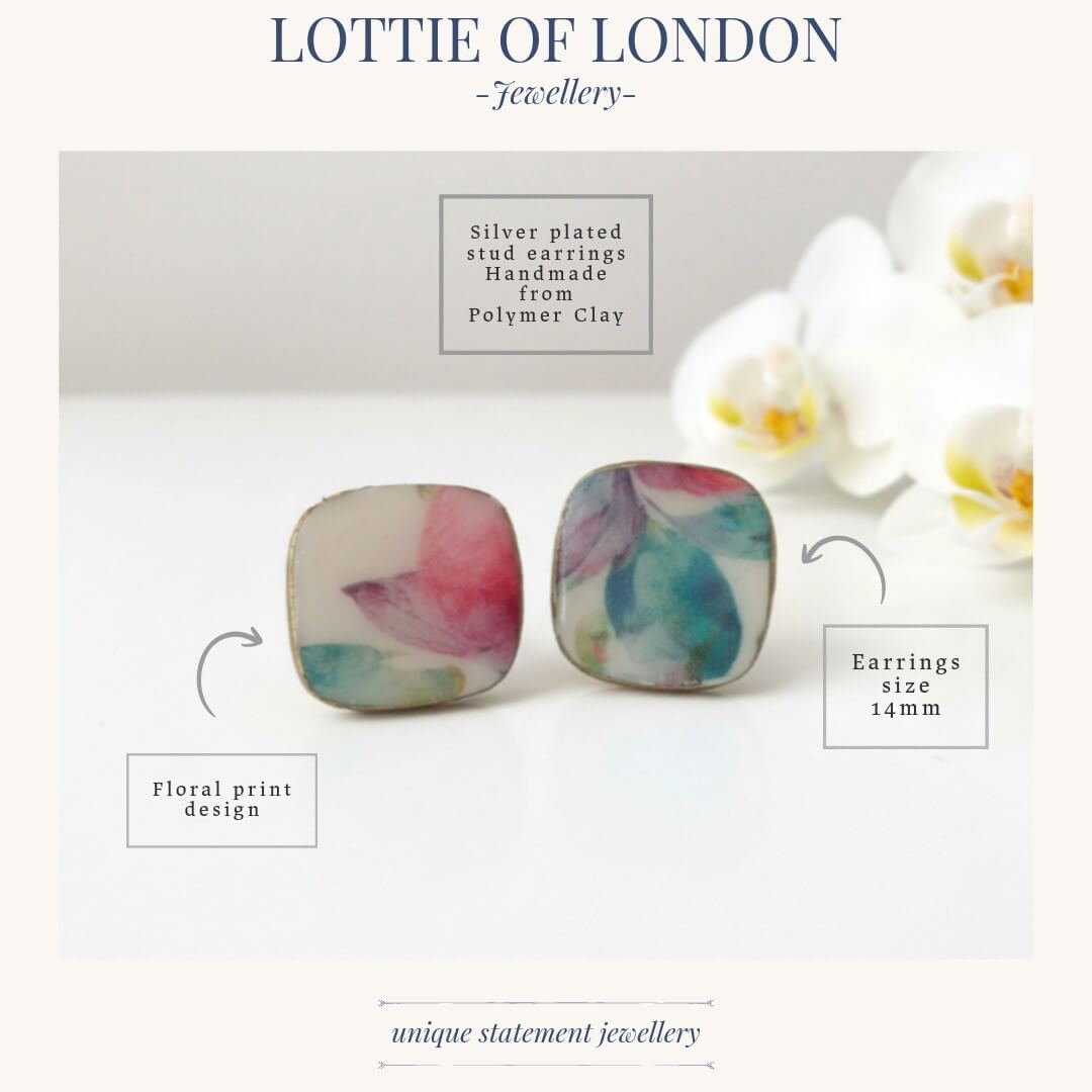 Square stud earrings with vintage floral design, infographics - handmade at Lottie of London