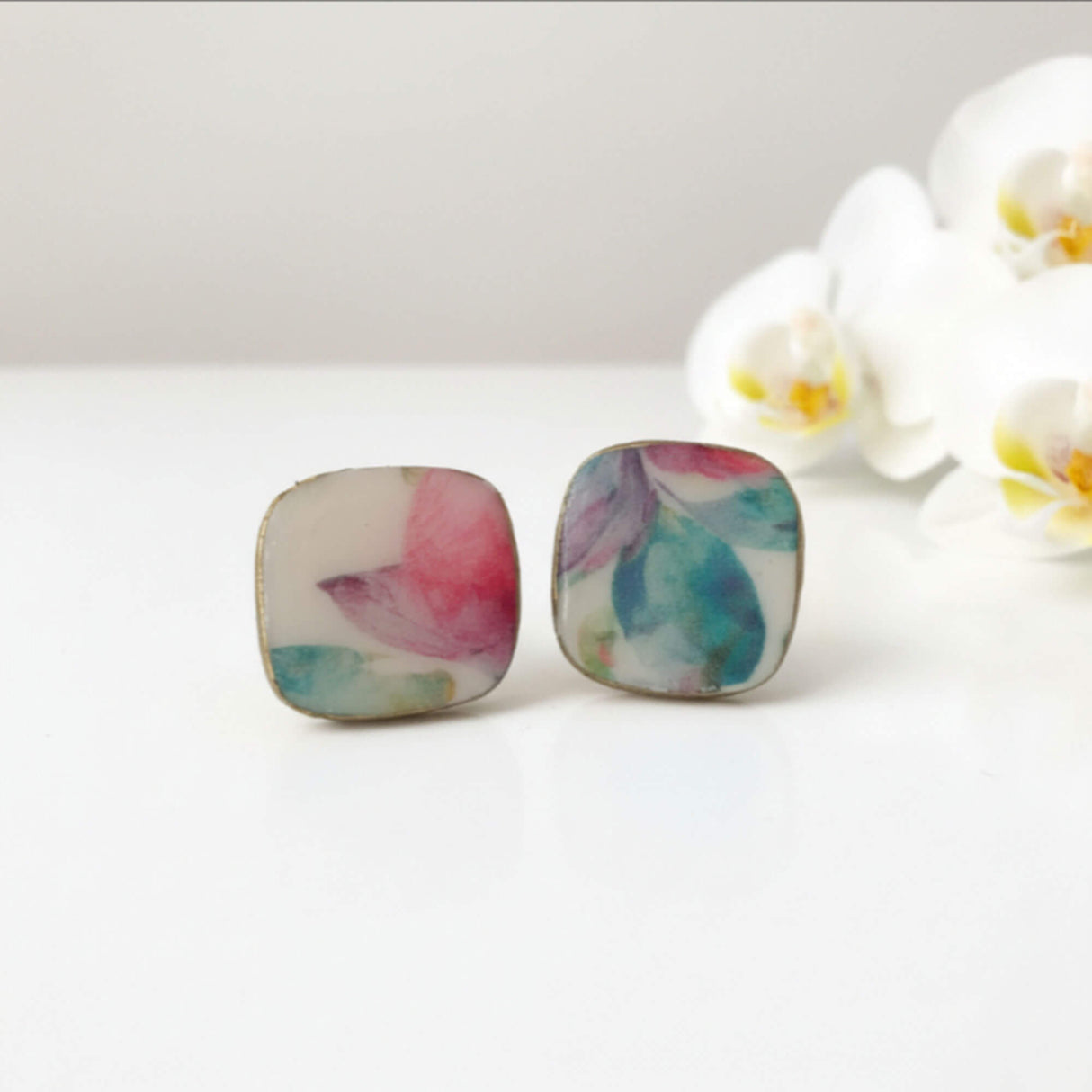 Square clay stud earrings with vintage floral design lifestyle image - handmade at Lottie of London