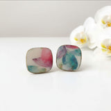 Square clay stud earrings with vintage floral design lifestyle image - handmade at Lottie of London