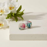 Square stud earrings with vintage floral design on stone plinth - handmade at Lottie of London