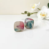 White Square stud earrings with vintage floral design on a white background - handmade at Lottie of London