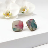 Floral Square stud earrings with vintage design on a white background - handmade at Lottie of London