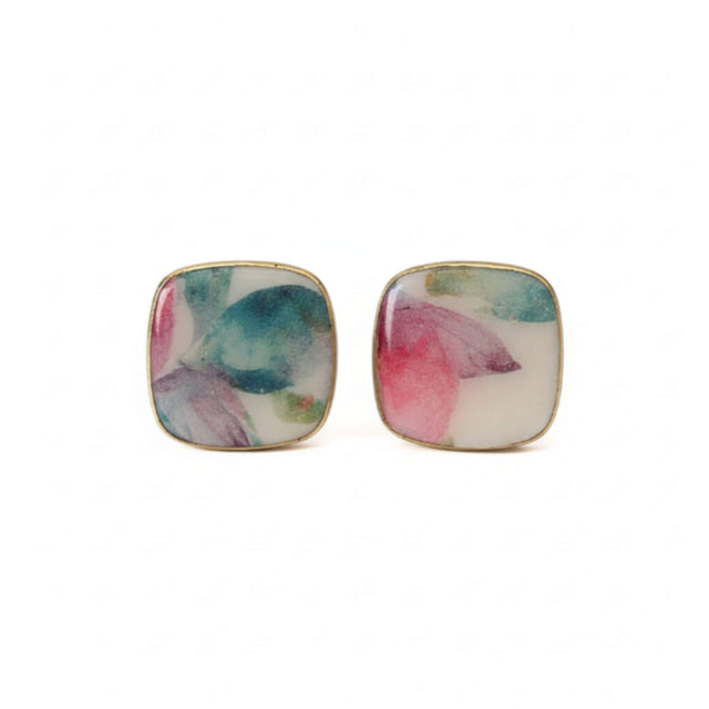 Square stud earrings with vintage floral design on a white background - handmade at Lottie of London
