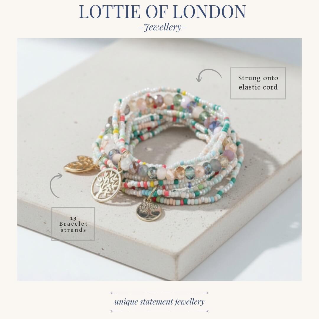white and pastel bracelet stack infographics at Lottie of London