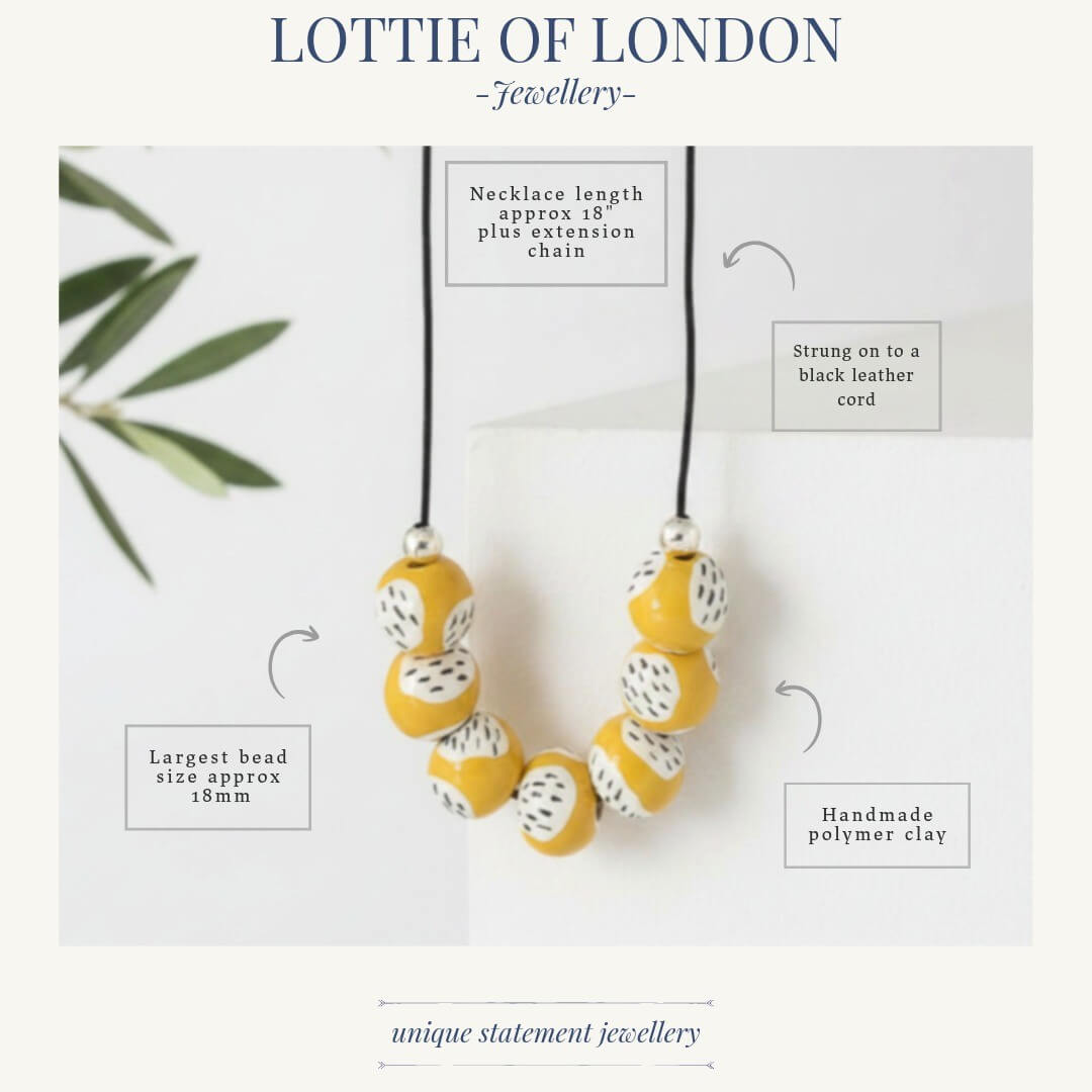 yellow bead necklace, handmade clay jewellery at lottie of london, infographics