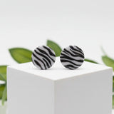 zebra print stud earrings, handmade clay jewellery at Lottie of London, lifestyle image