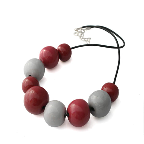 Chunky statement necklace for women in red & grey | Handmade Clay Jewellery