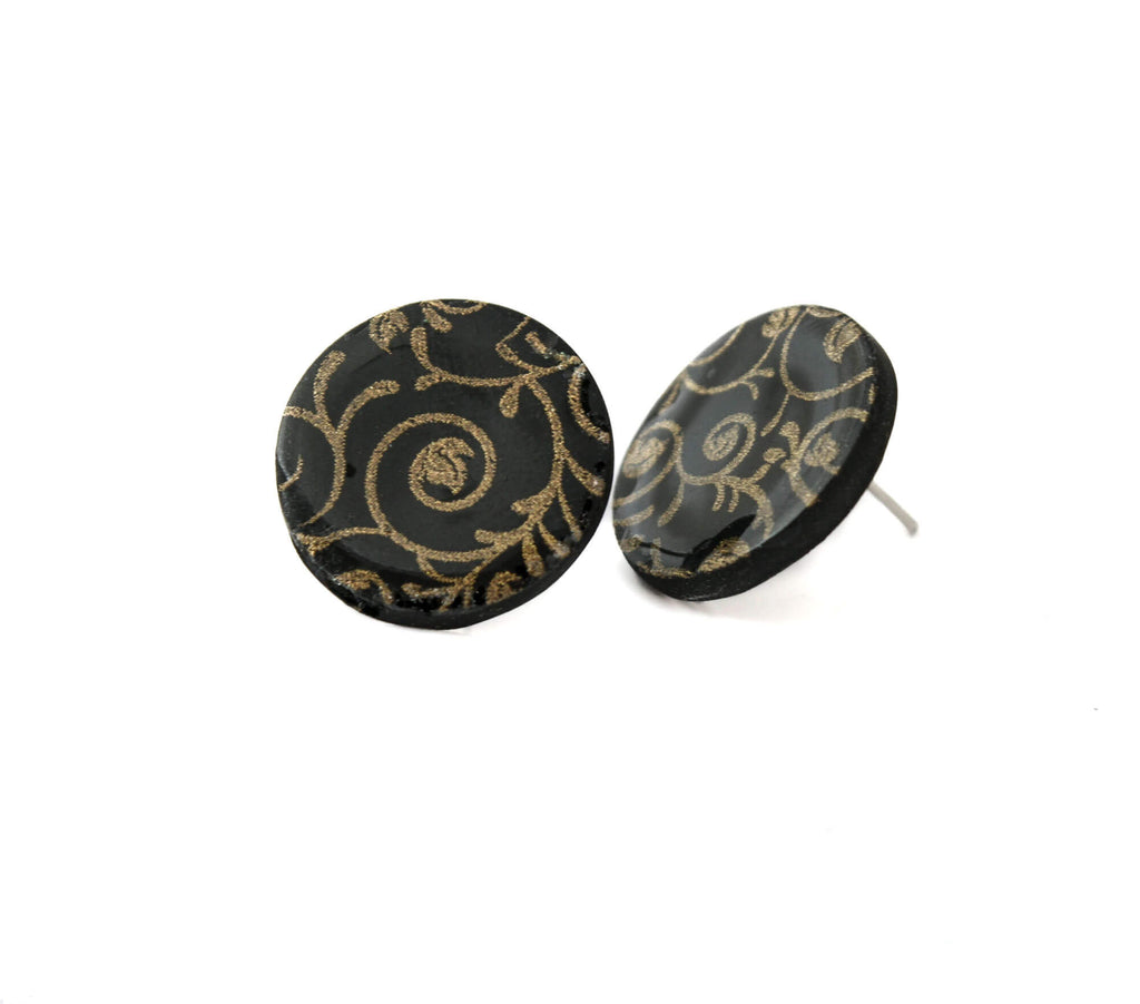 Black and gold round stud earrings for women | Clay jewellery