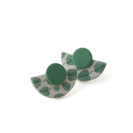Art Deco Stud Earrings with Monstera Leaf Print