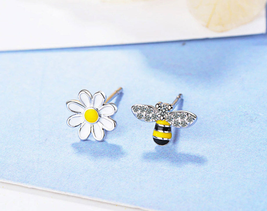 Tiny Bee and Flower Stud Earrings for Women